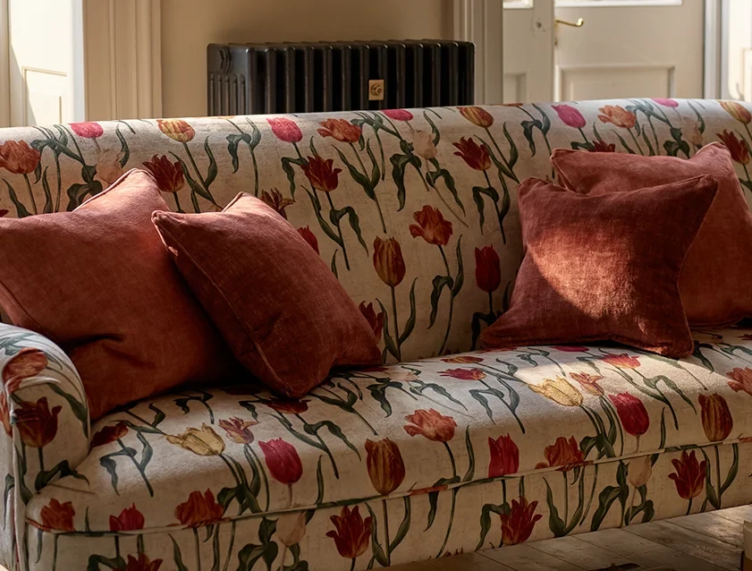 Scatters in Almost Plain Velvet Maple and Brick on Holmfirth 3 Seater Sofa in RHS Collection on Holmfirth 3 Seater Sofa in Velvet Pieter van Kouwenhoorn Tulips